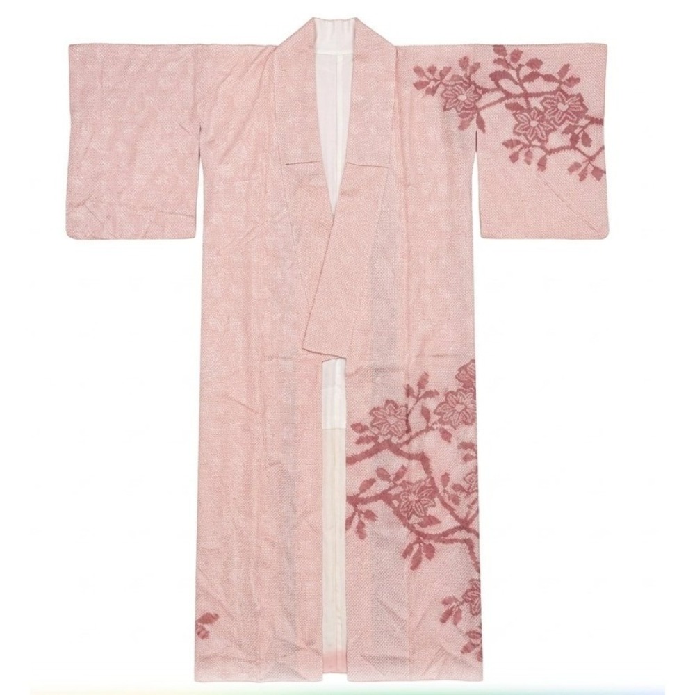 VTG Japanese Silk Shibori Houmongi Kimono | Light Pink Floral Pattern